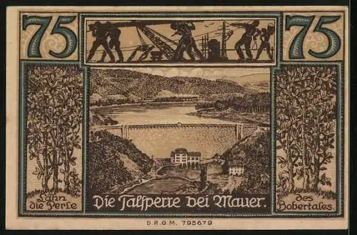 Notgeld Lähn im Riesengebirge, 75 Pfennig, Die Talsperre bei Mauer