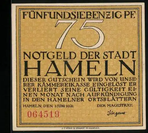 Notgeld Hameln 1921, 75 Pfennig, Der Siebenlinge Denkstein