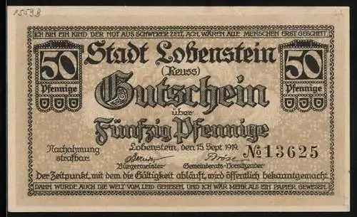 Notgeld Lobenstein /Reuss 1919, 50 Pfennig, Ortsansicht mit dem Turm