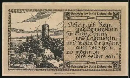 Notgeld Lobenstein /Reuss 1919, 50 Pfennig, Ortsansicht mit dem Turm