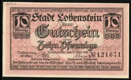 Notgeld Lobenstein /Reuss 1919, 10 Pfennig, Ortsansicht mit dem Turm