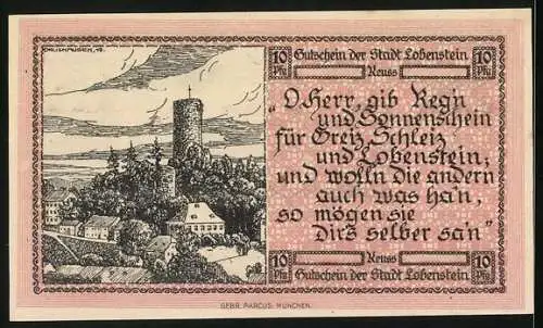 Notgeld Lobenstein /Reuss 1919, 10 Pfennig, Ortsansicht mit dem Turm