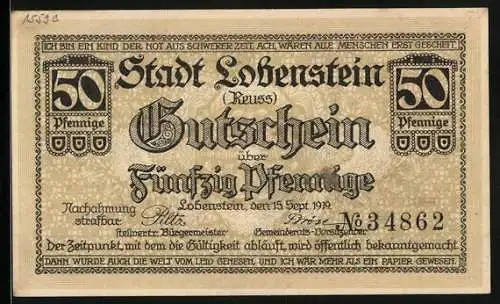 Notgeld Lobenstein /Reuss 1919, 50 Pfennig, Ortsansicht mit Turm