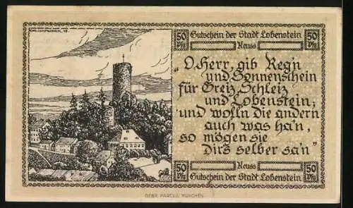 Notgeld Lobenstein /Reuss 1919, 50 Pfennig, Ortsansicht mit Turm