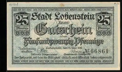Notgeld Lobenstein /Reuss 1919, 25 Pfennig, Ortsansicht mit dem Turm