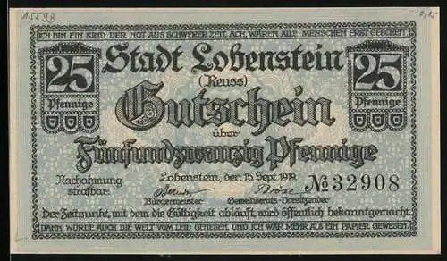 Notgeld Lobenstein /Reuss 1919, 25 Pfennig, Ortsansicht mit Turm