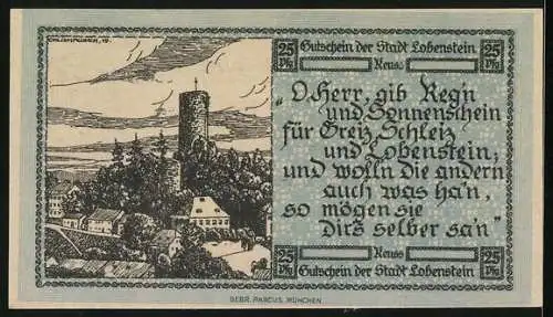 Notgeld Lobenstein /Reuss 1919, 25 Pfennig, Ortsansicht mit Turm