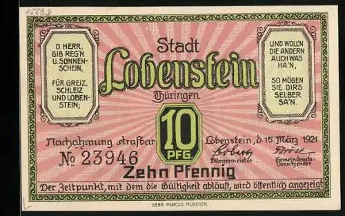 Notgeld Lobenstein /Thüringen 1921, 10 Pfennig, Der Turm im Eichenblattkranz