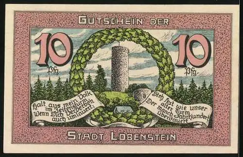 Notgeld Lobenstein /Thüringen 1921, 10 Pfennig, Der Turm im Eichenblattkranz