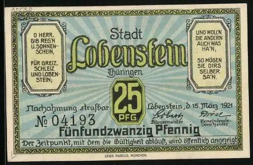 Notgeld Lobenstein /Thüringen 1921, 25 Pfennig, Pavillon mit Brunnen im Kurpark