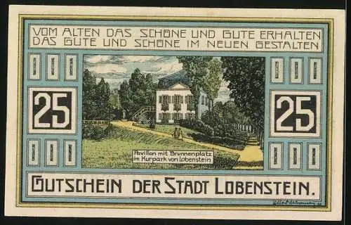Notgeld Lobenstein /Thüringen 1921, 25 Pfennig, Pavillon mit Brunnen im Kurpark