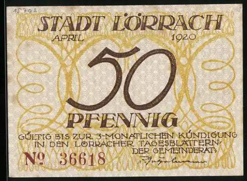 Notgeld Lörrach 1920, 50 Pfennig, Friedenstaube über der Stadt