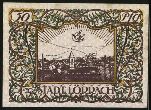 Notgeld Lörrach 1920, 50 Pfennig, Friedenstaube über der Stadt
