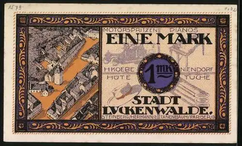 Notgeld Luckenwalde 1921, 100 Pfennig, Ortsansicht aus der Vogelschau