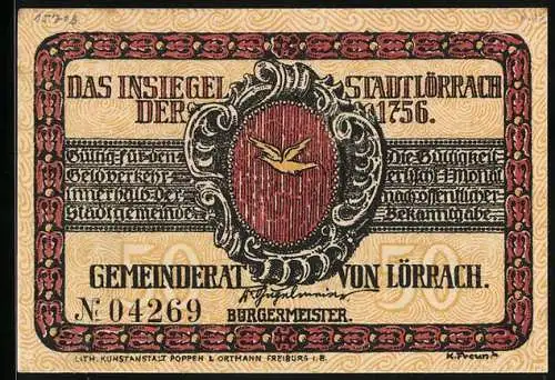 Notgeld Lörrach, 50 Pfennig, Konterfei von Friedr. Hecker