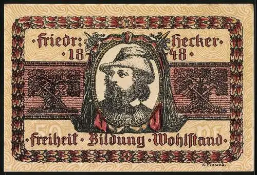 Notgeld Lörrach, 50 Pfennig, Konterfei von Friedr. Hecker