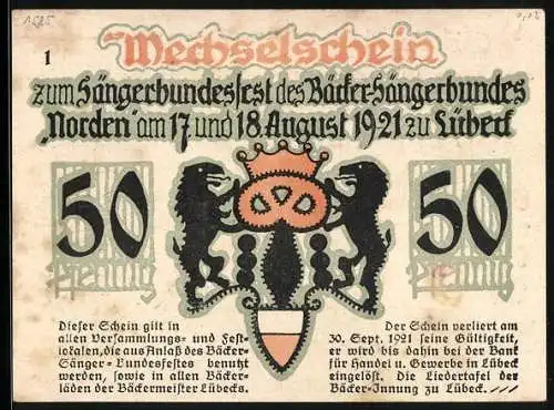 Notgeld Lübeck 1921, 50 Pfennig, Sängerbundsfest des Bäcker-Sängerbundes, das Bäckerleben