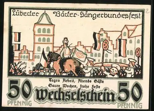 Notgeld Lübeck 1921, 50 Pfennig, Sängerbundsfest des Bäcker-Sängerbundes, Versammlung auf dem Platz