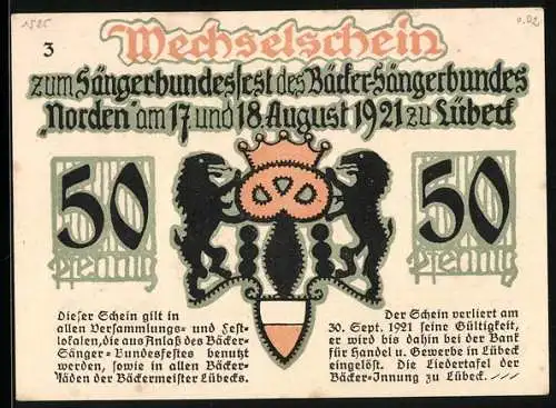 Notgeld Lübeck 1921, 50 Pfennig, Sängerbundsfest des Bäcker-Sängerbundes, Bäcker beim Backen