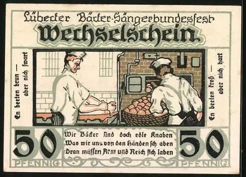 Notgeld Lübeck 1921, 50 Pfennig, Sängerbundsfest des Bäcker-Sängerbundes, Bäcker beim Backen