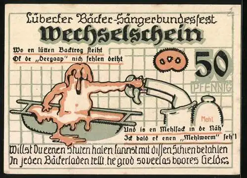 Notgeld Lübeck 1921, 50 Pfennig, Sängerbundsfest des Bäcker-Sängerbundes, Der Teig attackiert den Bäcker