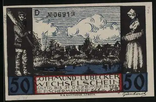 Notgeld Gothmund-Lübeck, 50 Pfennig, Fischerdorf, Fischer bei der Arbeit