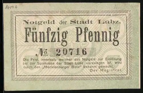 Notgeld Lübz, 50 Pfennig, Kontroll-Nr. 20716