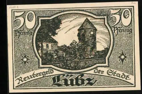 Notgeld Lübz i. M., 50 Pfennig, Blick zum Turm