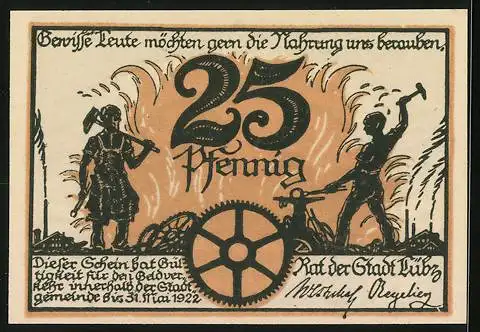 Notgeld Lübz i. M., 25 Pfennig, Zwei Metallarbeiter