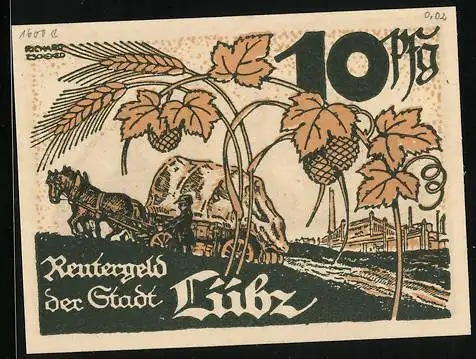Notgeld Lübz i. M., 10 Pfennig, Zwei Bauern mit Sicheln