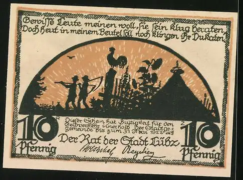 Notgeld Lübz i. M., 10 Pfennig, Zwei Bauern mit Sicheln