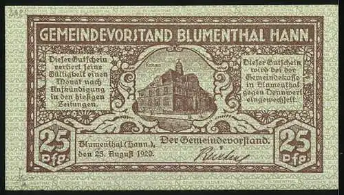 Notgeld Blumenthal /Hann. 1920, 25 Pfennig, Das Rathaus, Industrie am Fluss