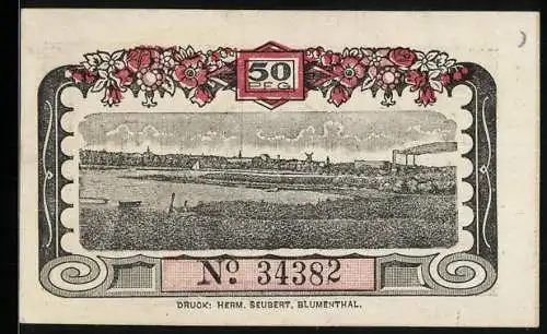 Notgeld Blumenthal /Hann. 1921, 50 Pfennig, Rathaus und Ortsansicht am mäandernden Fluss