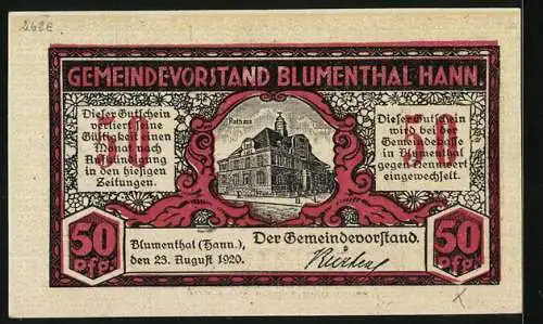 Notgeld Blumenthal /Hann. 1921, 50 Pfennig, Rathaus und Ortsansicht am mäandernden Fluss