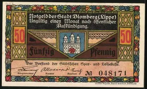 Notgeld Blomberg /Lippe, 50 Pfennig, Burgtor und Weinbergtor