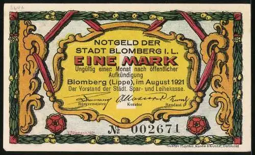 Notgeld Blomberg /Lippe 1921, 1 Mark, Drei Wanderer im Wald