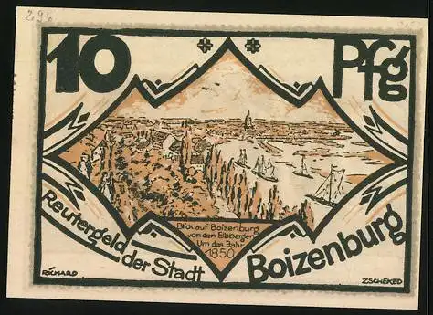 Notgeld Boizenburg i. M., 10 Pfennig, Ortsansicht von den Elbbergen anno 1850