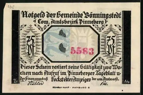 Notgeld Bönningstedt, 75 Pfennig, Konterfei von Claus Groth