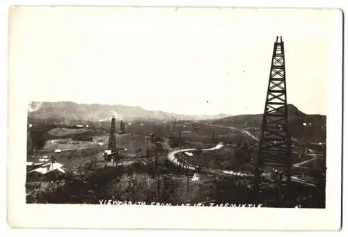 5 Fotografien Ansicht Zacemixtle, Ölfelder mit Bohrturm, Arbeiter am Lebensmittelstand, Flugzeug Curtiss JN-4