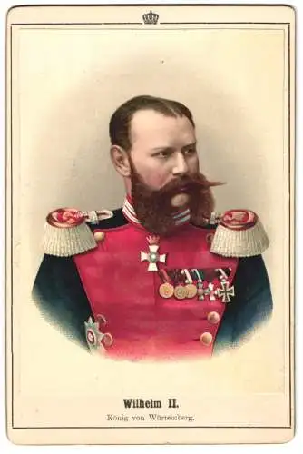 2 Fotografien Lithographien König Wilhelm II. von Württemberg und Königin Charlotte von Württemberg, Uniform Ordenspange