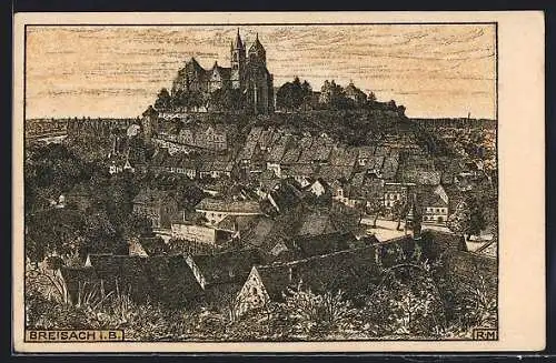 Künstler-AK Breisach i. B., Ortsansicht aus der Vogelschau