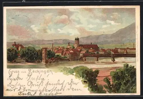 Lithographie Säckingen, Totalansicht mit Bergen im Hintergrund