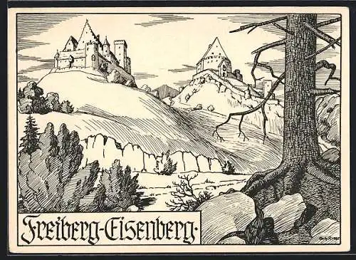Künstler-AK Eisenberg /Allgäu, Historische Burg Freiberg-Eisenberg, zerstört 1646