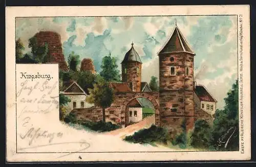Lithographie Kropsburg, Ansicht mit Tor und Turm