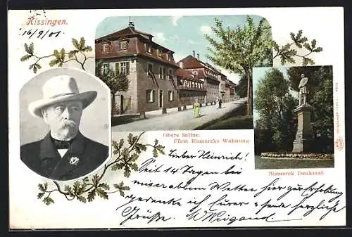 AK Bad Kissingen, Obere Saline mit Bismarck-Haus u. -Denkmal