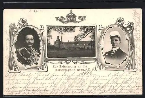 Passepartout-AK Bonn, Kaisertage, Portrait Kaiser Wilhelm II. und Kronprinz Wilhelm als Student