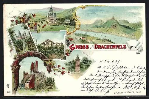 Lithographie Königswinter, Drachenfels mit Rheinpartie