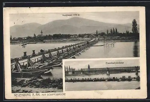 AK Neuenburg / Rhein, Schiffs- und Eisenbahnbrücke, Blick zum Hochblauen