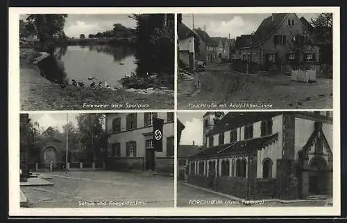 AK Forchheim / Breisgau, Hauptstrasse, Linde, Schule mit , Kriegerdenkmal