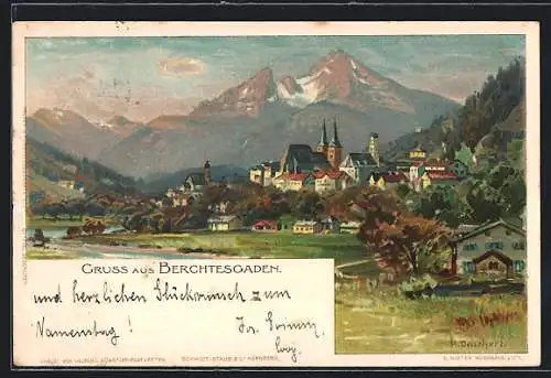 Künstler-AK H. Deuchert: Berchtesgaden, Totalansicht mit Umgebung, um 1900